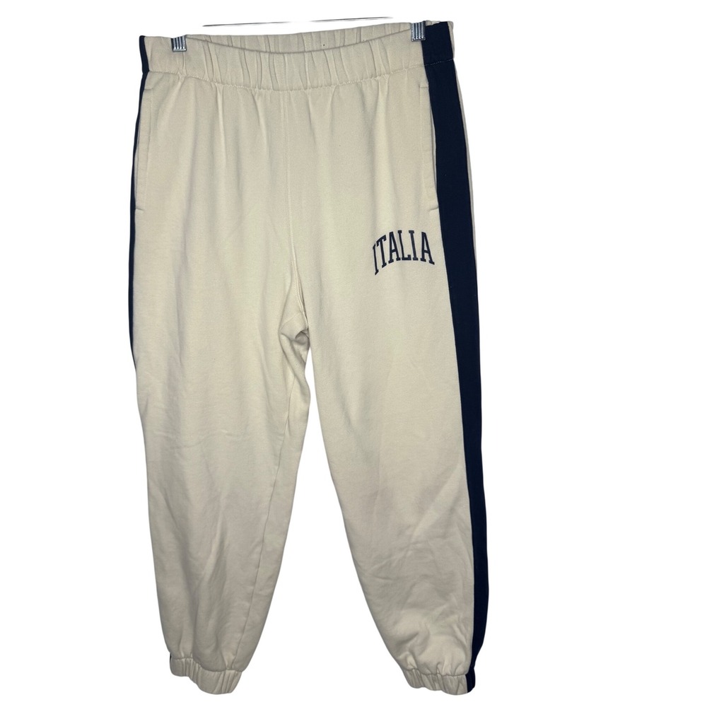Italia Graphic Joggers Cream Navy Side Stripe Sweatpants Womens XL